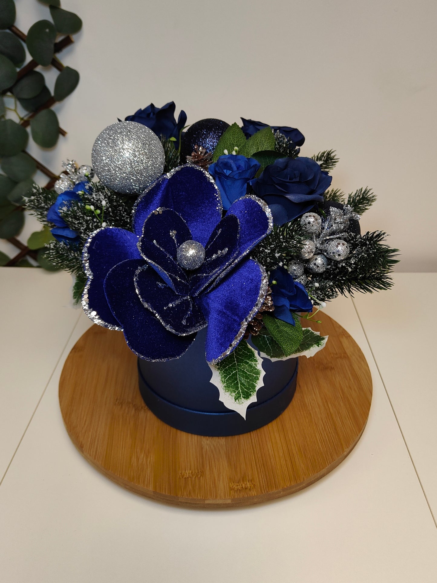 Blue and Silver Christmas Hat Box Arrangement – Artificial Christmas Centerpiece