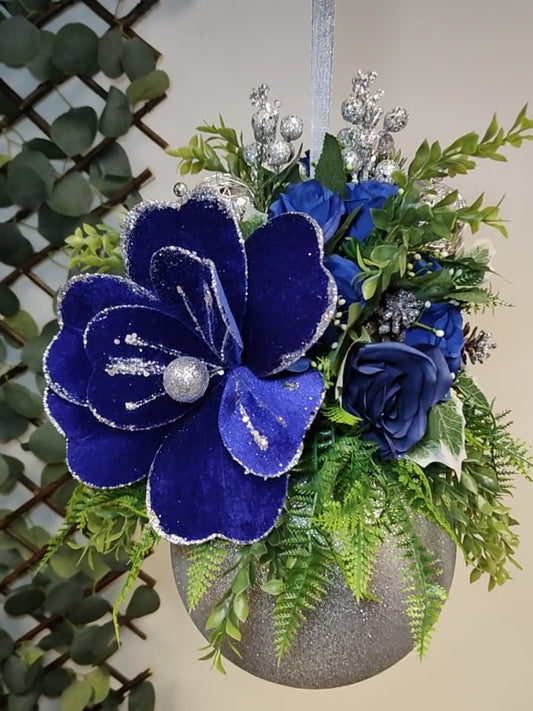 Medium Silver Blue White Flower Christmas Bauble Artificial
