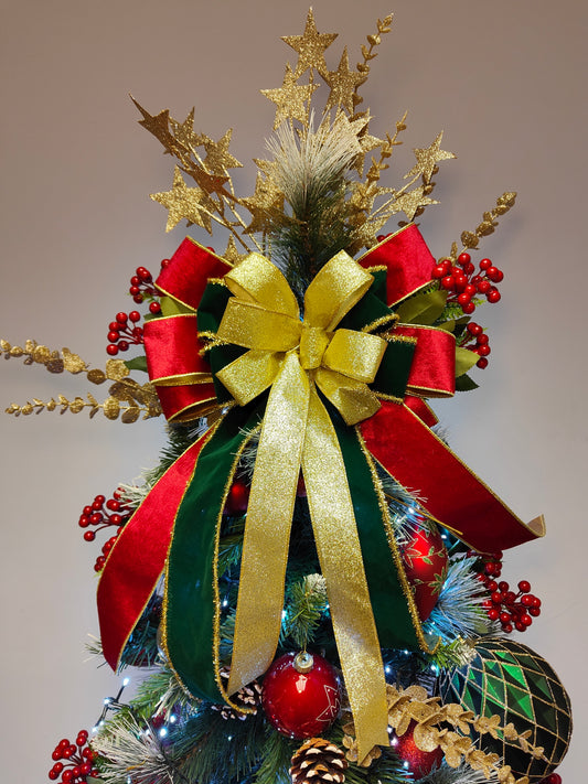 Red Green Gold Velvet Christmas Tree Topper Bow 14 inch