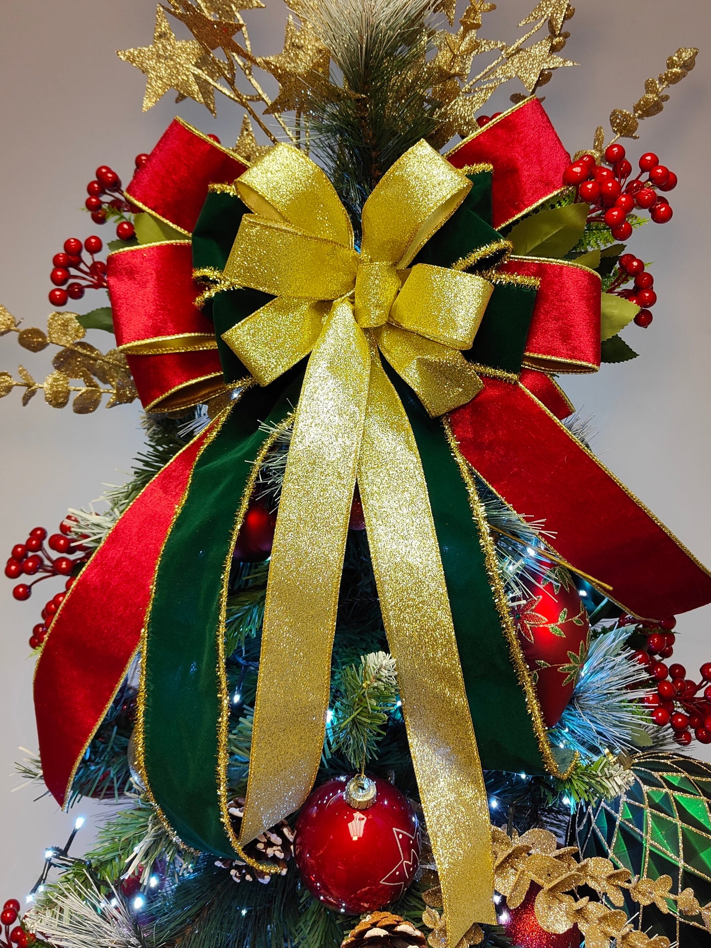 Red Green Gold Velvet Christmas Tree Topper Bow 14 inch