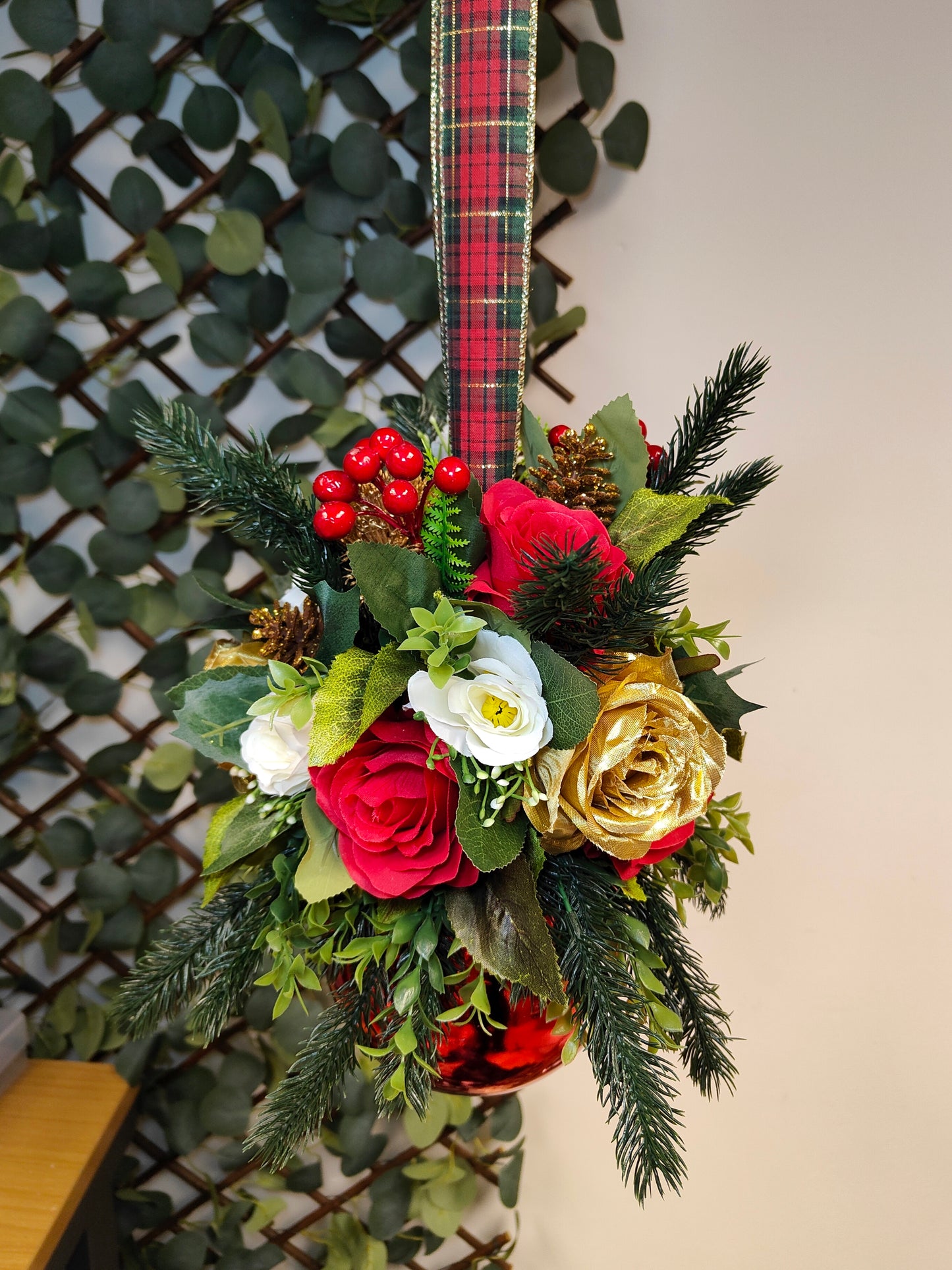 Red Gold Tartan Flower Christmas Silver Bauble Artificial