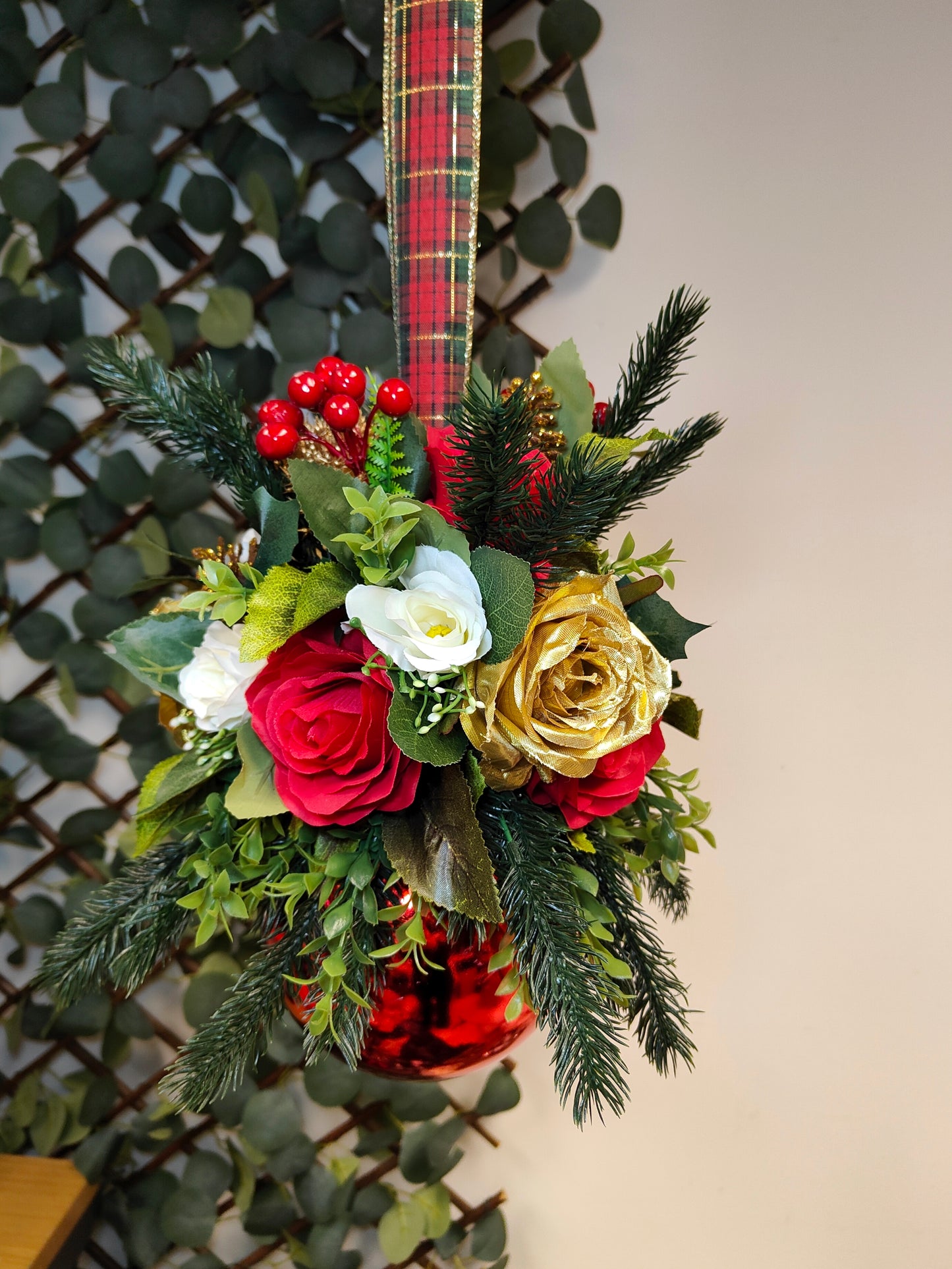 Red Gold Tartan Flower Christmas Silver Bauble Artificial