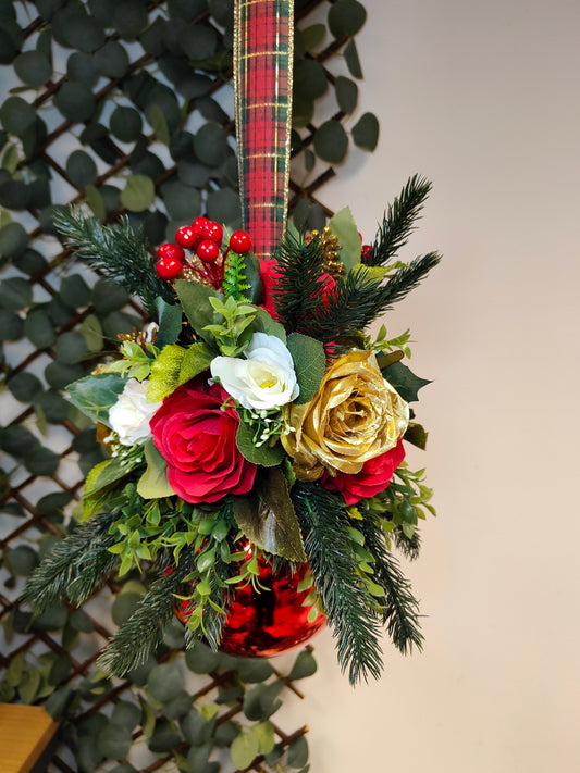 Red Gold Tartan Flower Christmas Silver Bauble Artificial