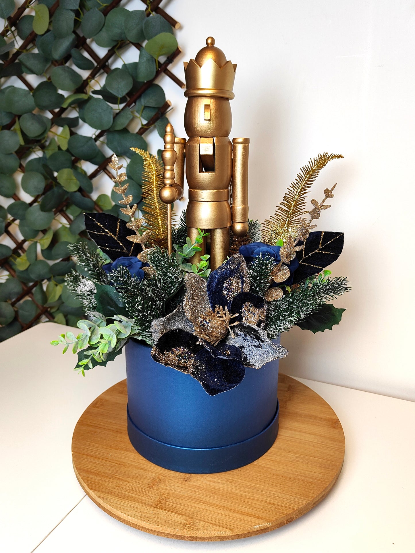 Navy Blue Gold Nutcracker Christmas Hat Box Arrangement – Artificial Christmas Centerpiece