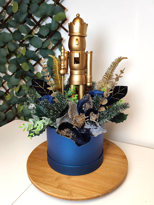Navy Blue Gold Nutcracker Christmas Hat Box Arrangement – Artificial Christmas Centerpiece