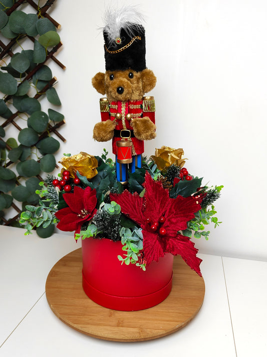 Red Gold Bear Nutcracker Christmas Hat Box Arrangement – Artificial Christmas Centerpiece