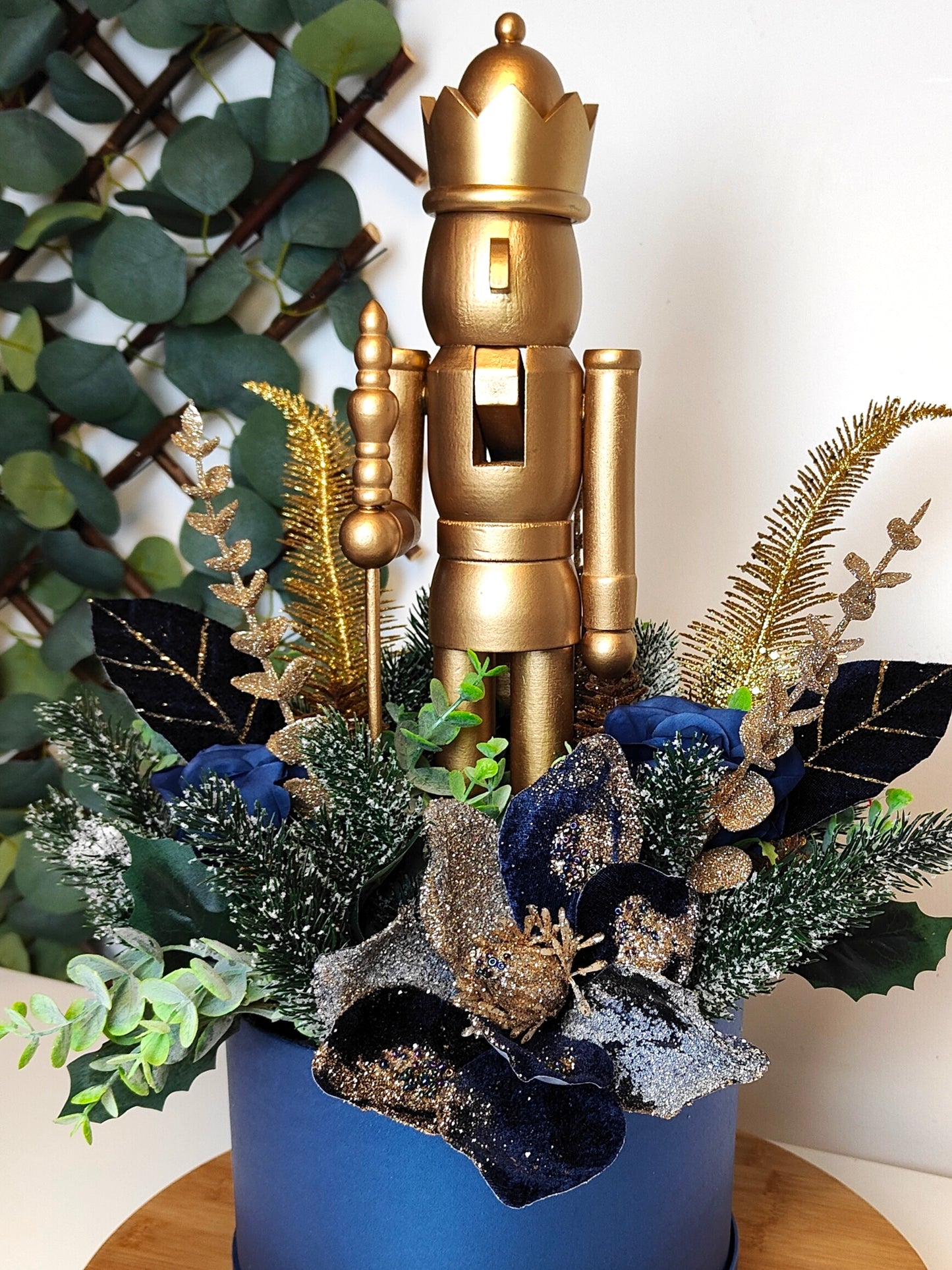 Navy Blue Gold Nutcracker Christmas Hat Box Arrangement – Artificial Christmas Centerpiece