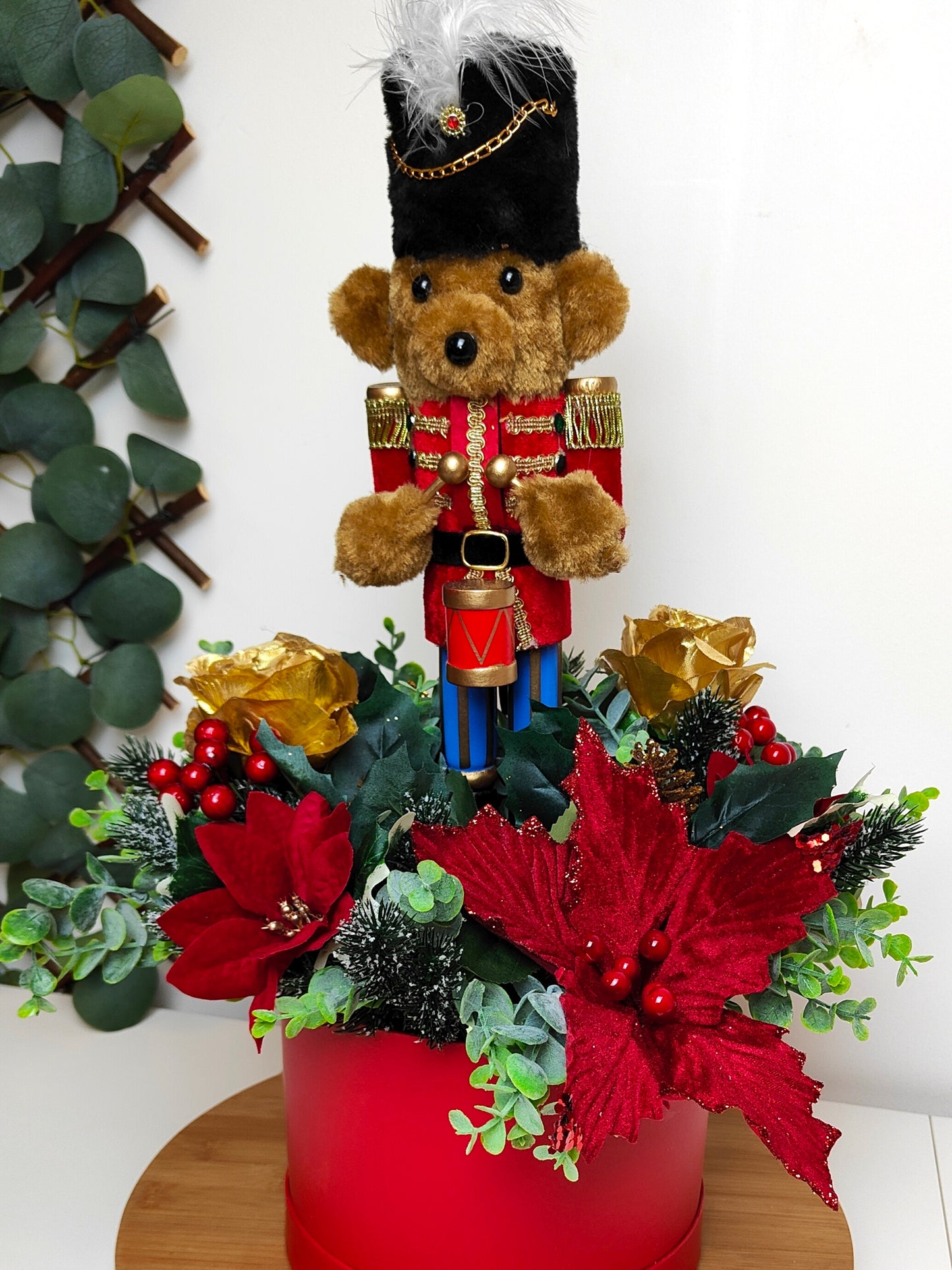 Red Gold Bear Nutcracker Christmas Hat Box Arrangement – Artificial Christmas Centerpiece