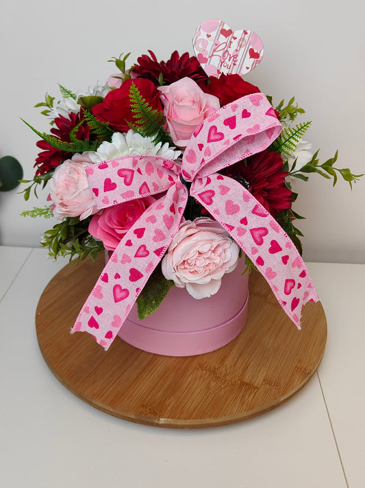 Red & Pink Valentine Artificial Flower Hat Box Gift