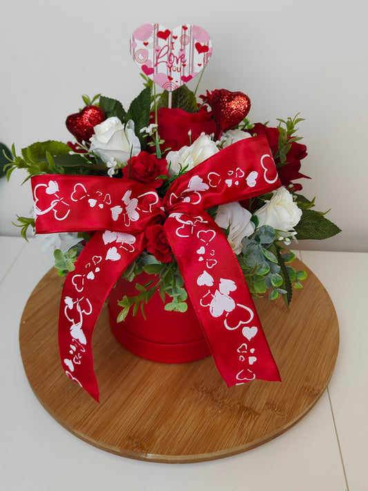 Red & White Valentine Artificial Flower Hat Box Gift