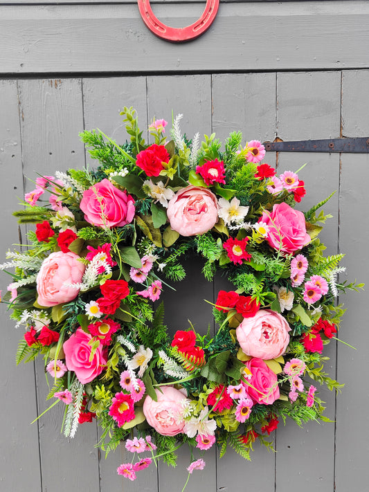 Red White Pink Artificial Flower Wreath