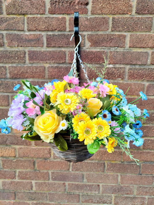 Spring Yellow Blue Pink Artificial Flower Hanging Basket 10 inch