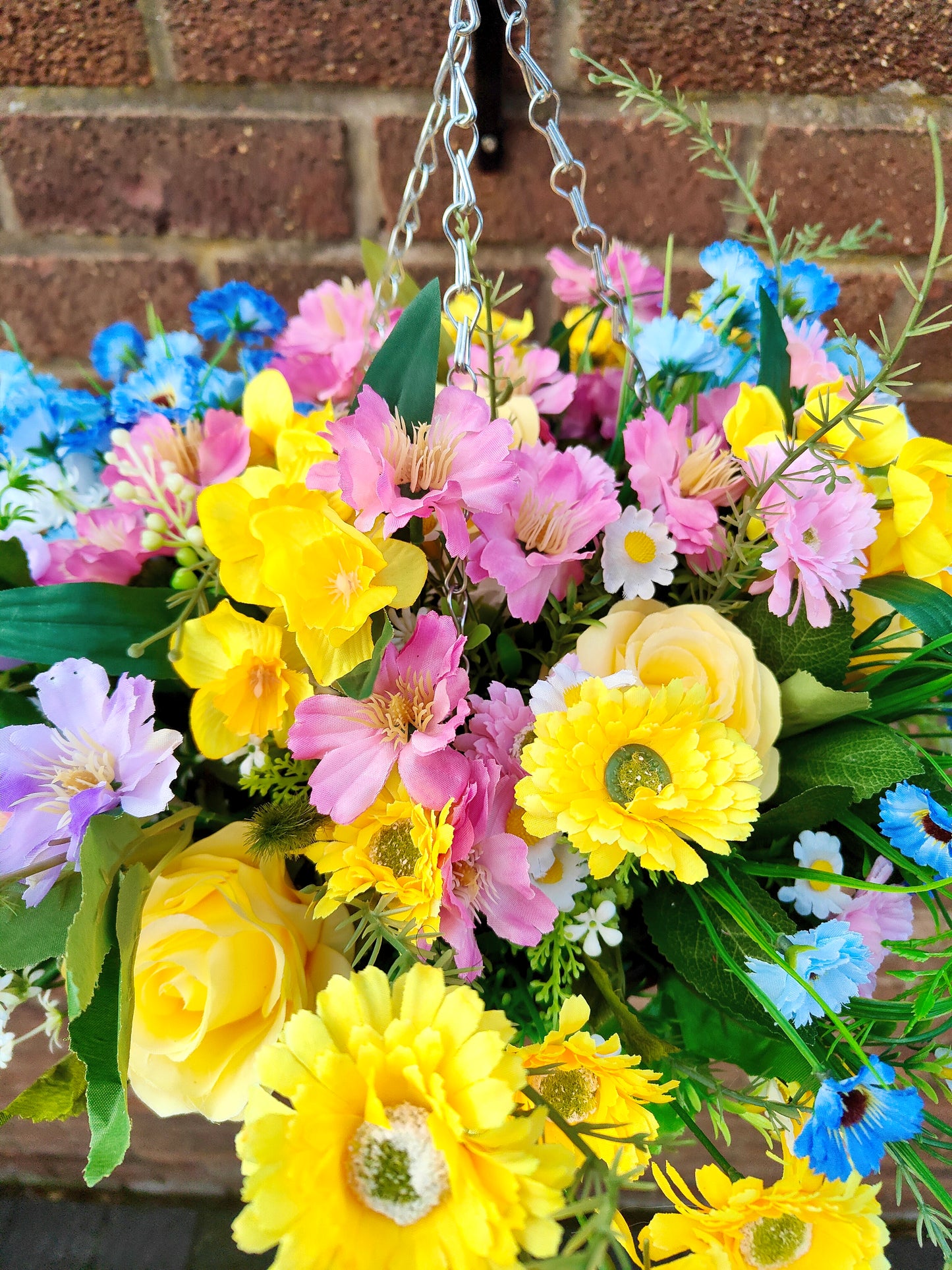 Spring Yellow Blue Pink Artificial Flower Hanging Basket 10 inch