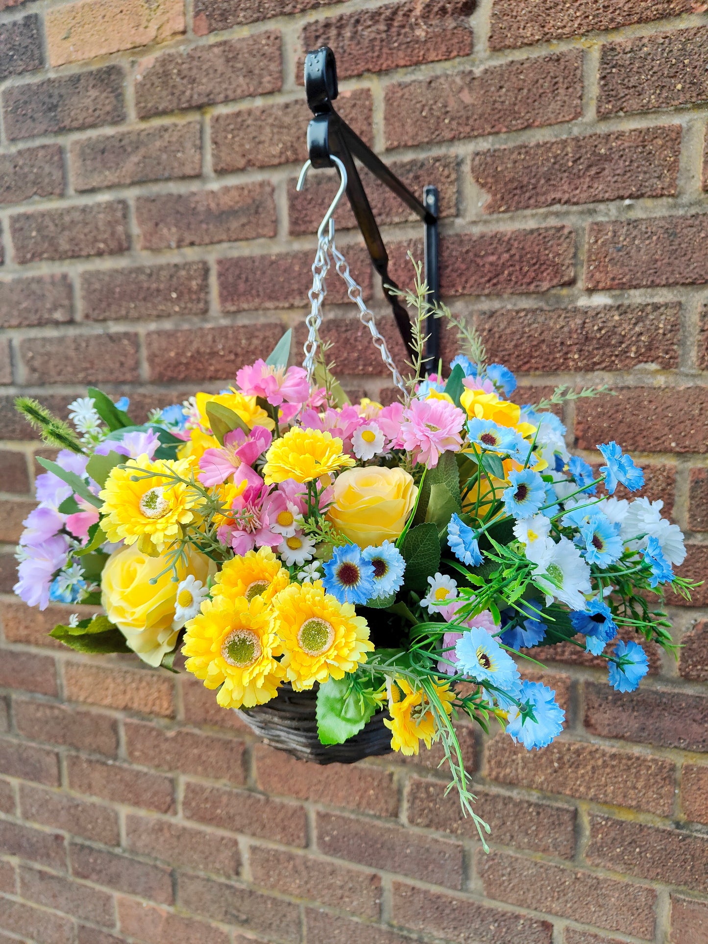 Spring Yellow Blue Pink Artificial Flower Hanging Basket 10 inch