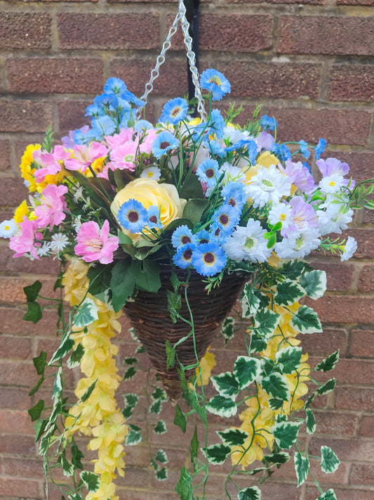 Spring Yellow Artificial Flower Hanging Basket 12 inch