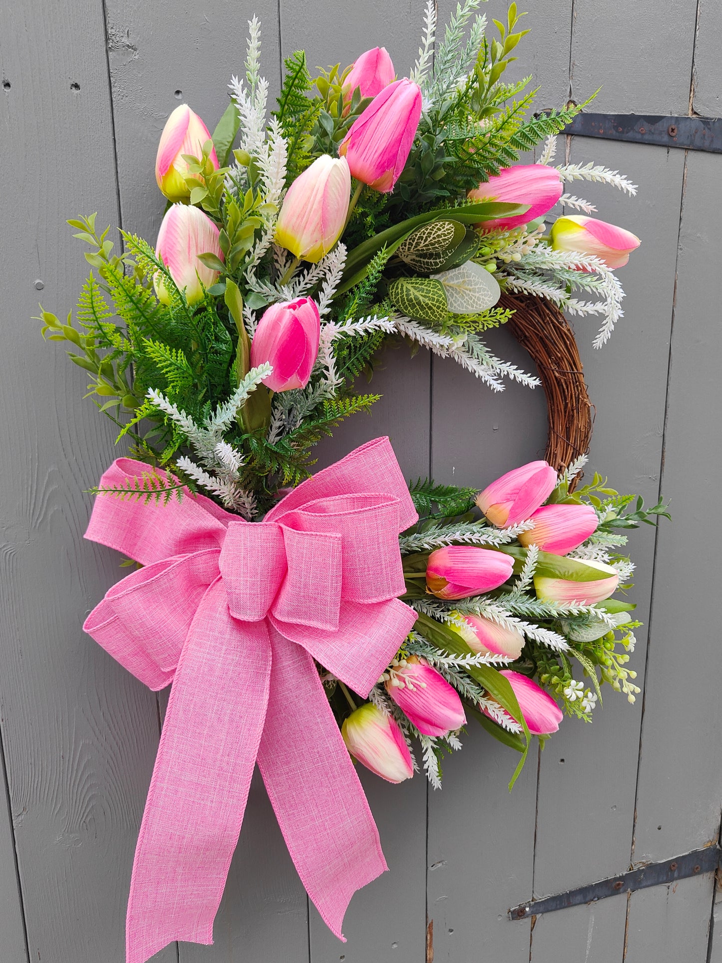 Pink Tulip Faux Flower Wreath with Bow