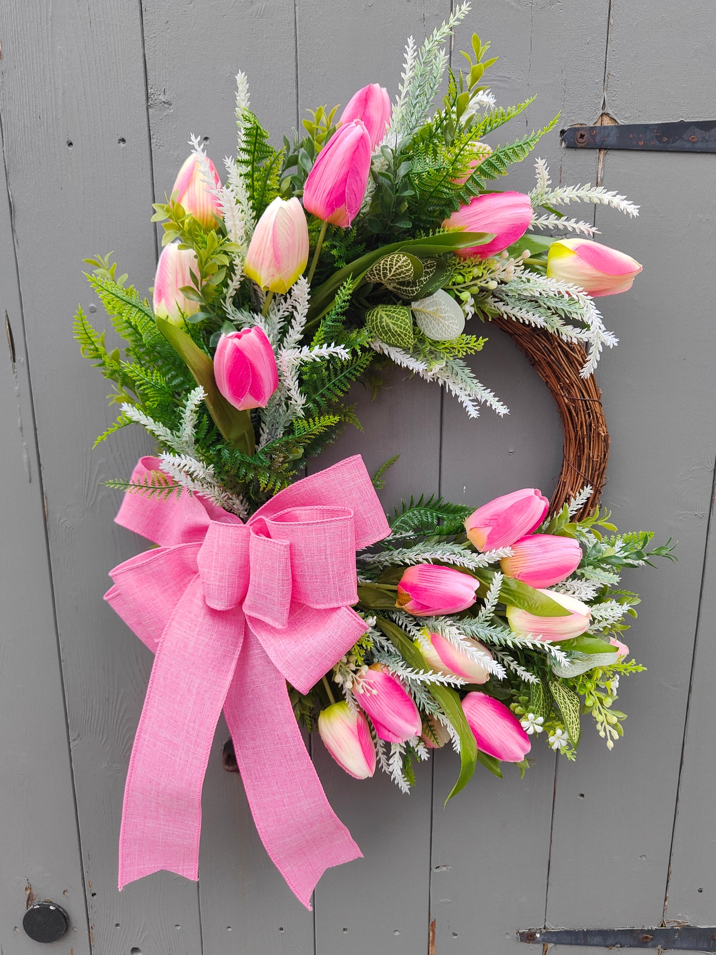 Pink Tulip Faux Flower Wreath with Bow
