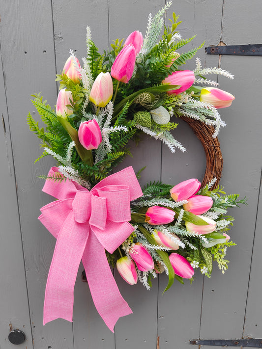 Pink Tulip Faux Flower Wreath with Bow