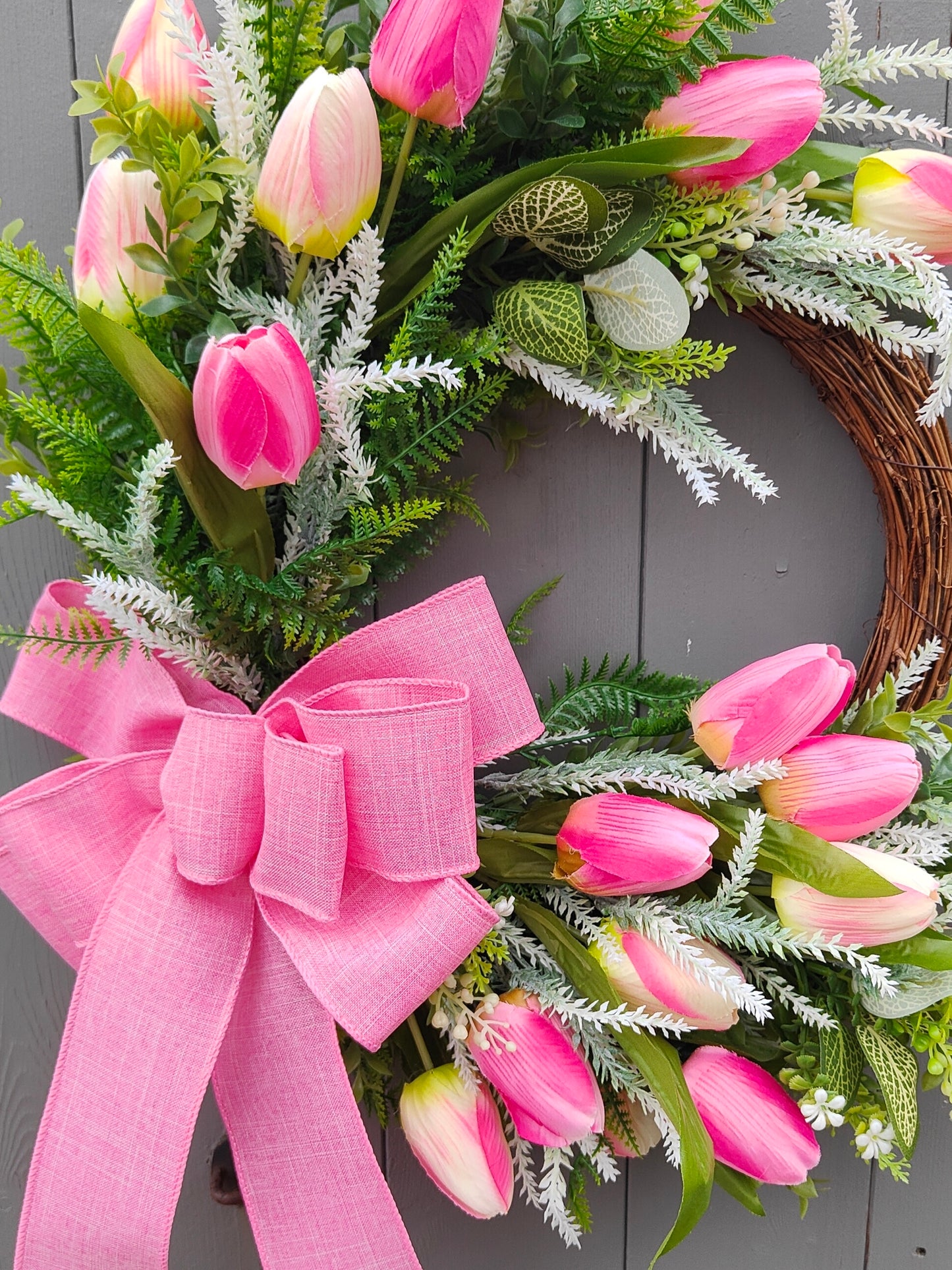 Pink Tulip Faux Flower Wreath with Bow