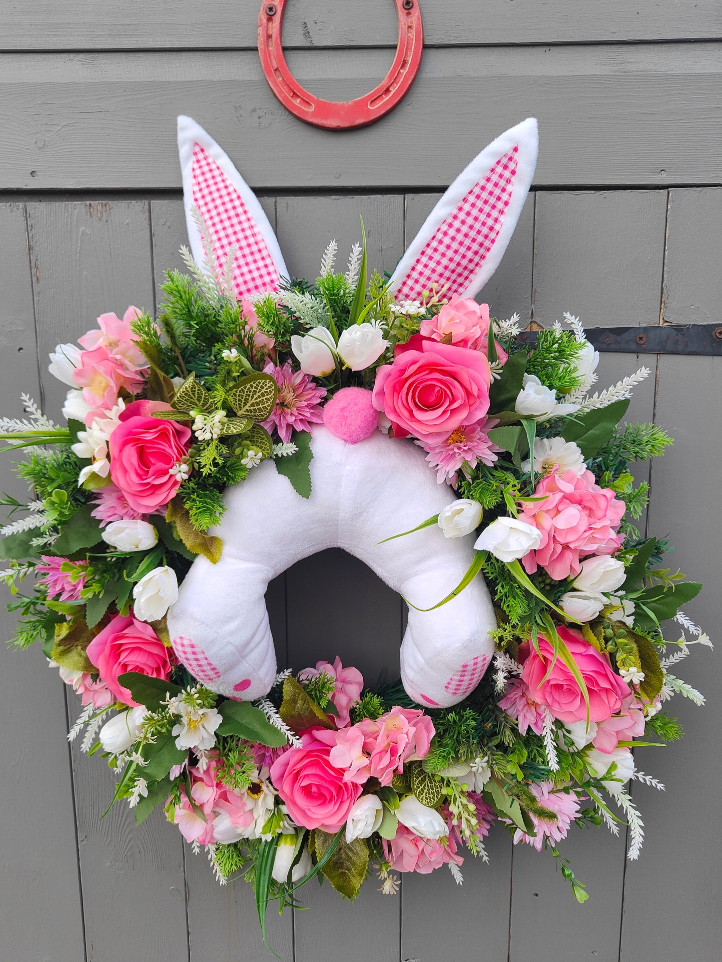 Pink White Miss Bunny Butt Easter Faux Flower Wreath