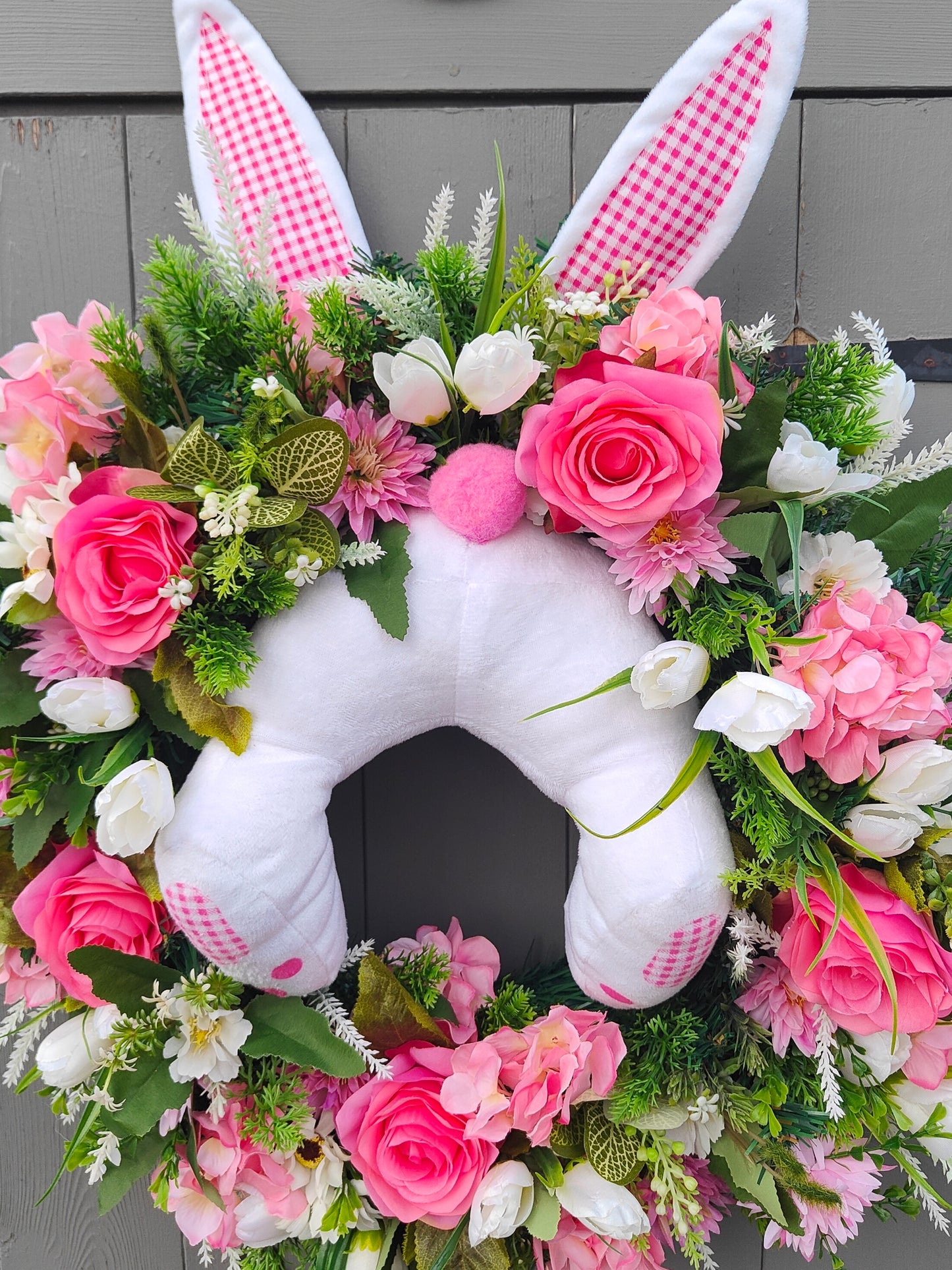 Pink White Miss Bunny Butt Easter Faux Flower Wreath