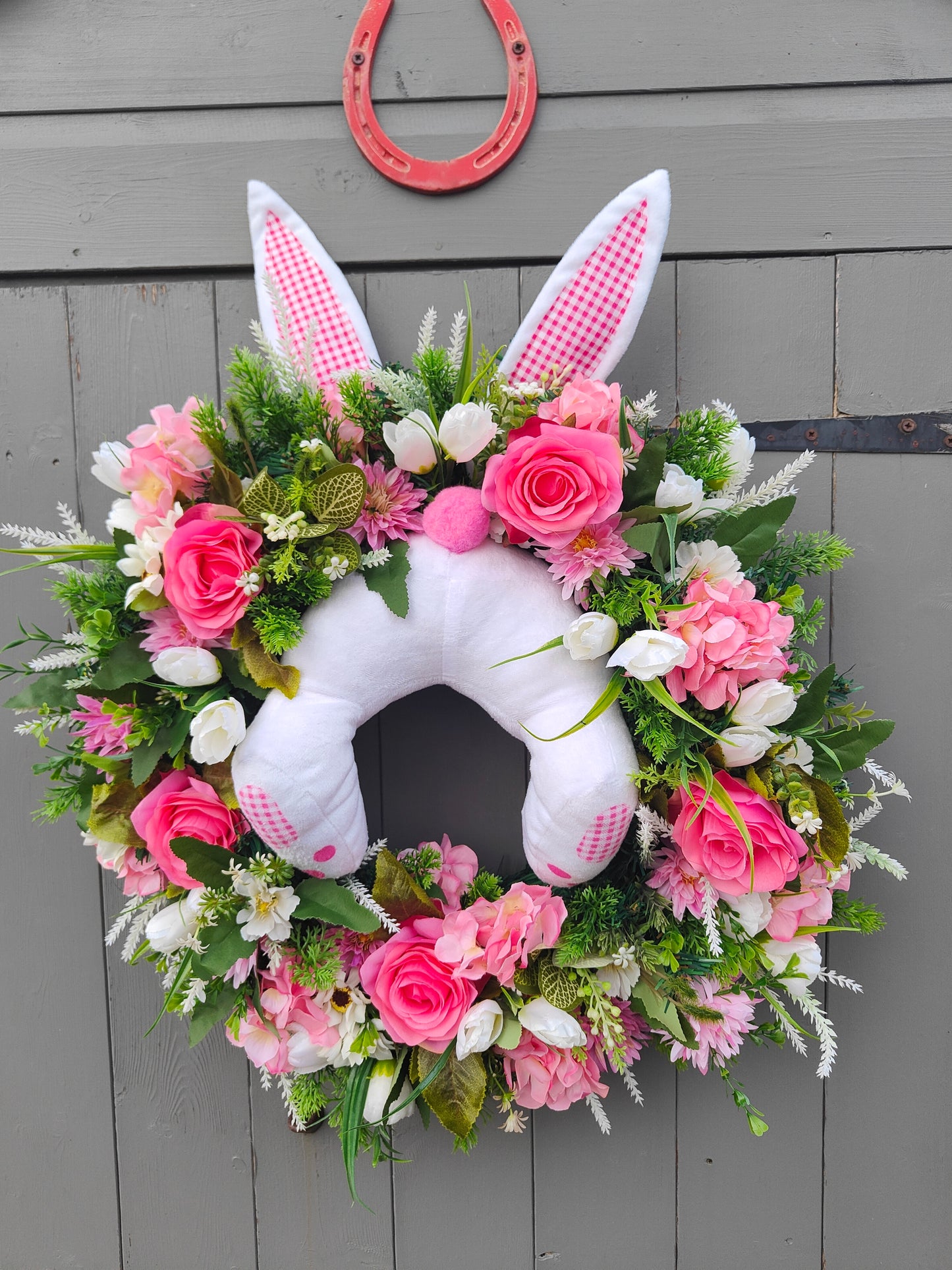 Pink White Miss Bunny Butt Easter Faux Flower Wreath