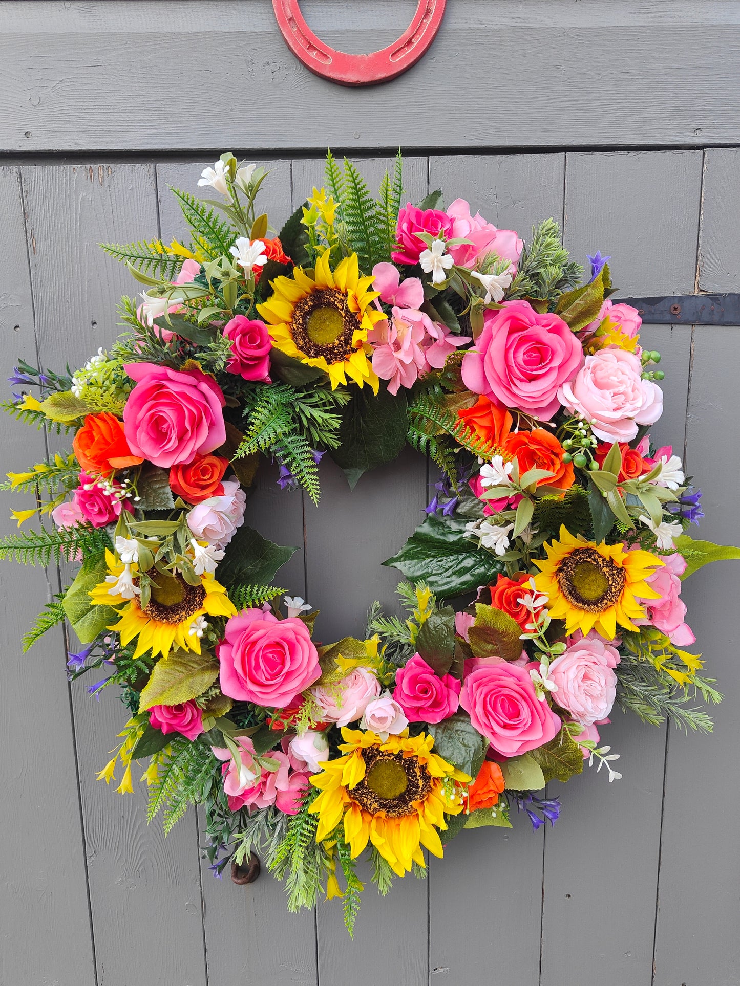 Sunflower & Rose Faux Flower Wreath – Bright Yellow, Pink & Orange – Spring & Summer Decor