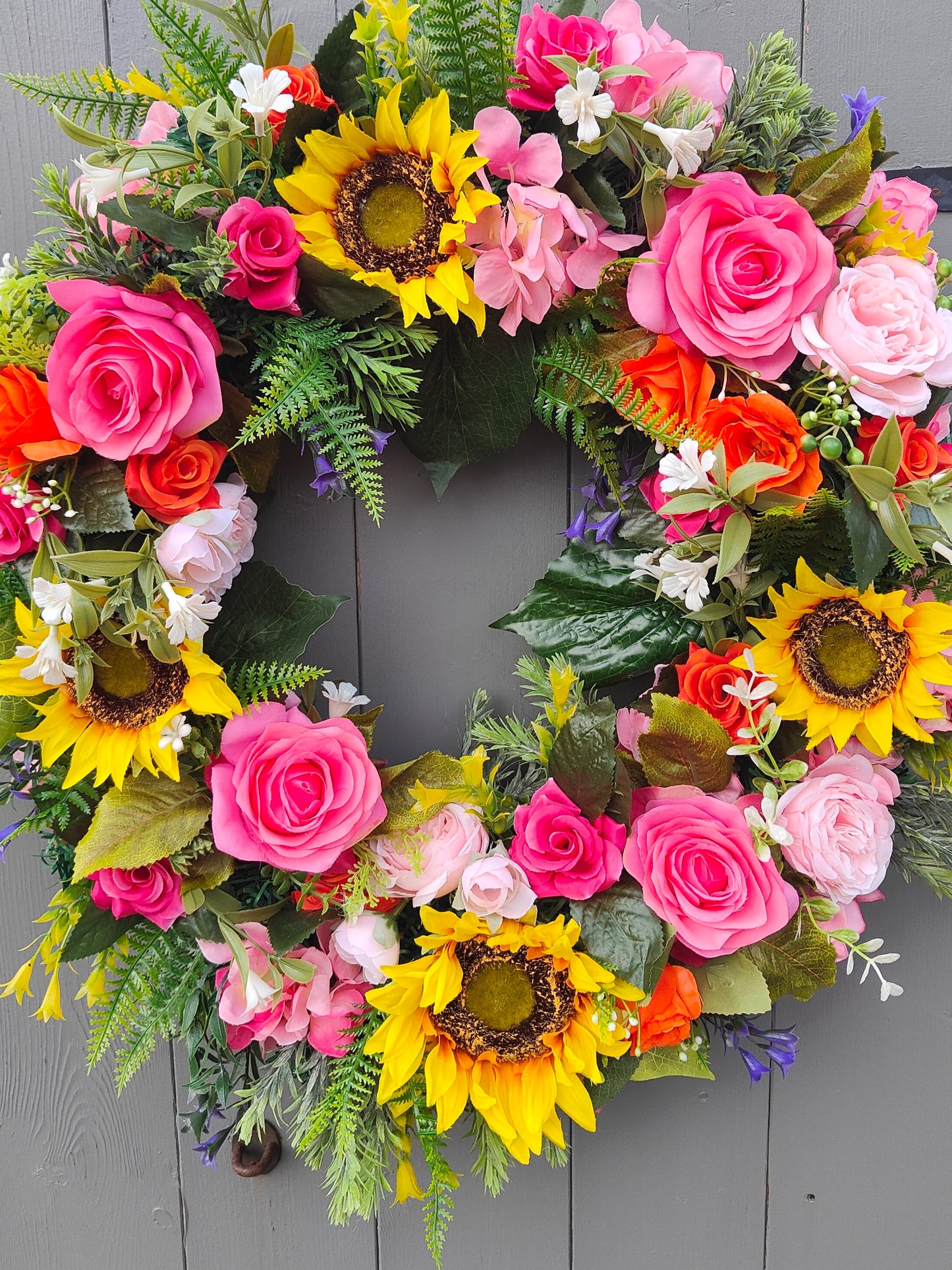 Sunflower & Rose Faux Flower Wreath – Bright Yellow, Pink & Orange – Spring & Summer Decor