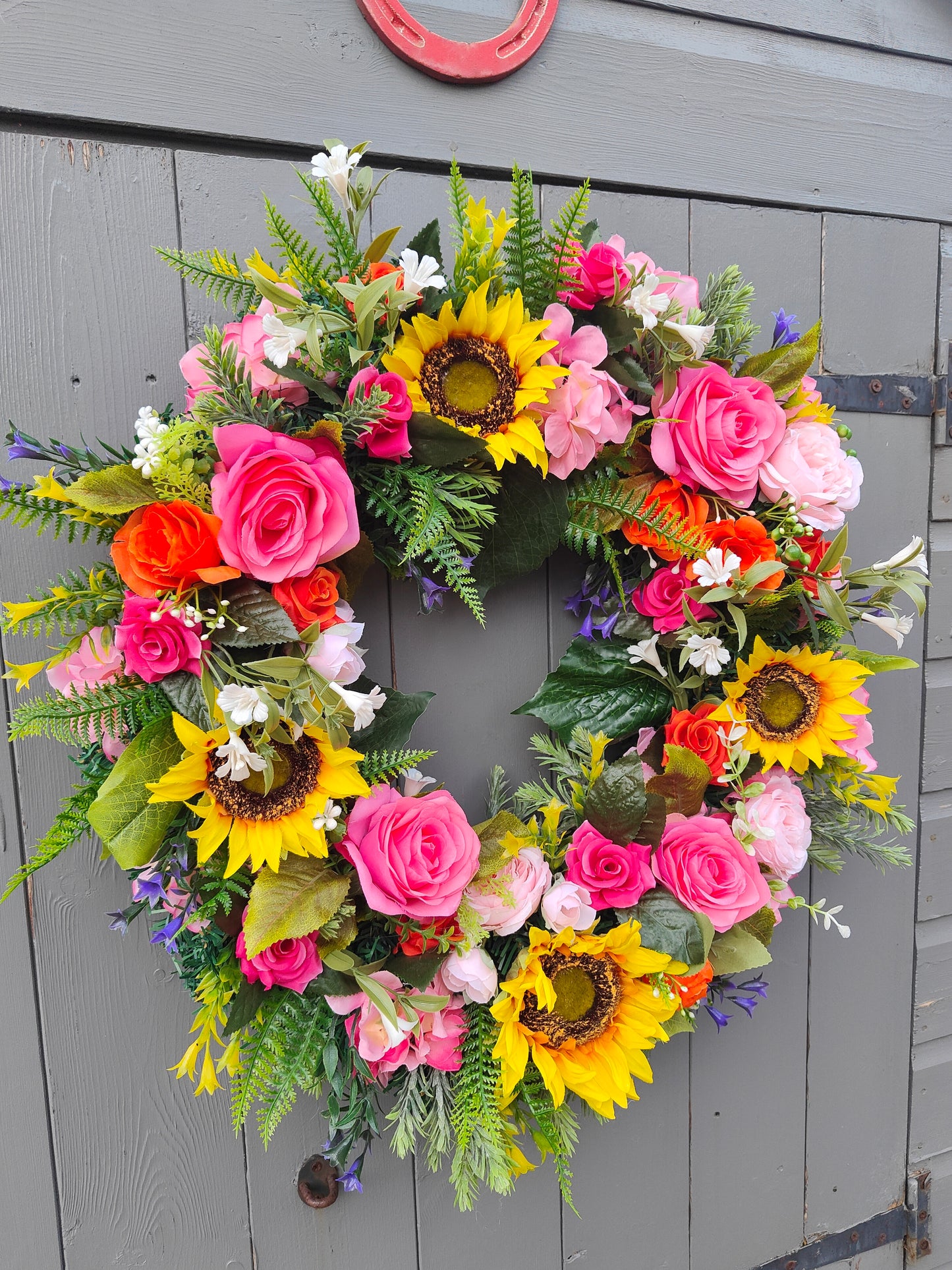 Sunflower & Rose Faux Flower Wreath – Bright Yellow, Pink & Orange – Spring & Summer Decor