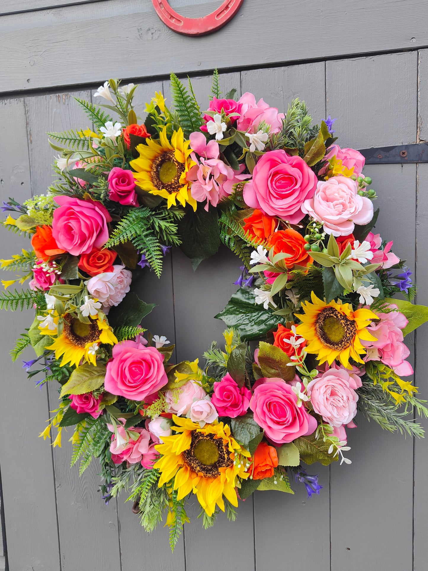 Sunflower & Rose Faux Flower Wreath – Bright Yellow, Pink & Orange – Spring & Summer Decor