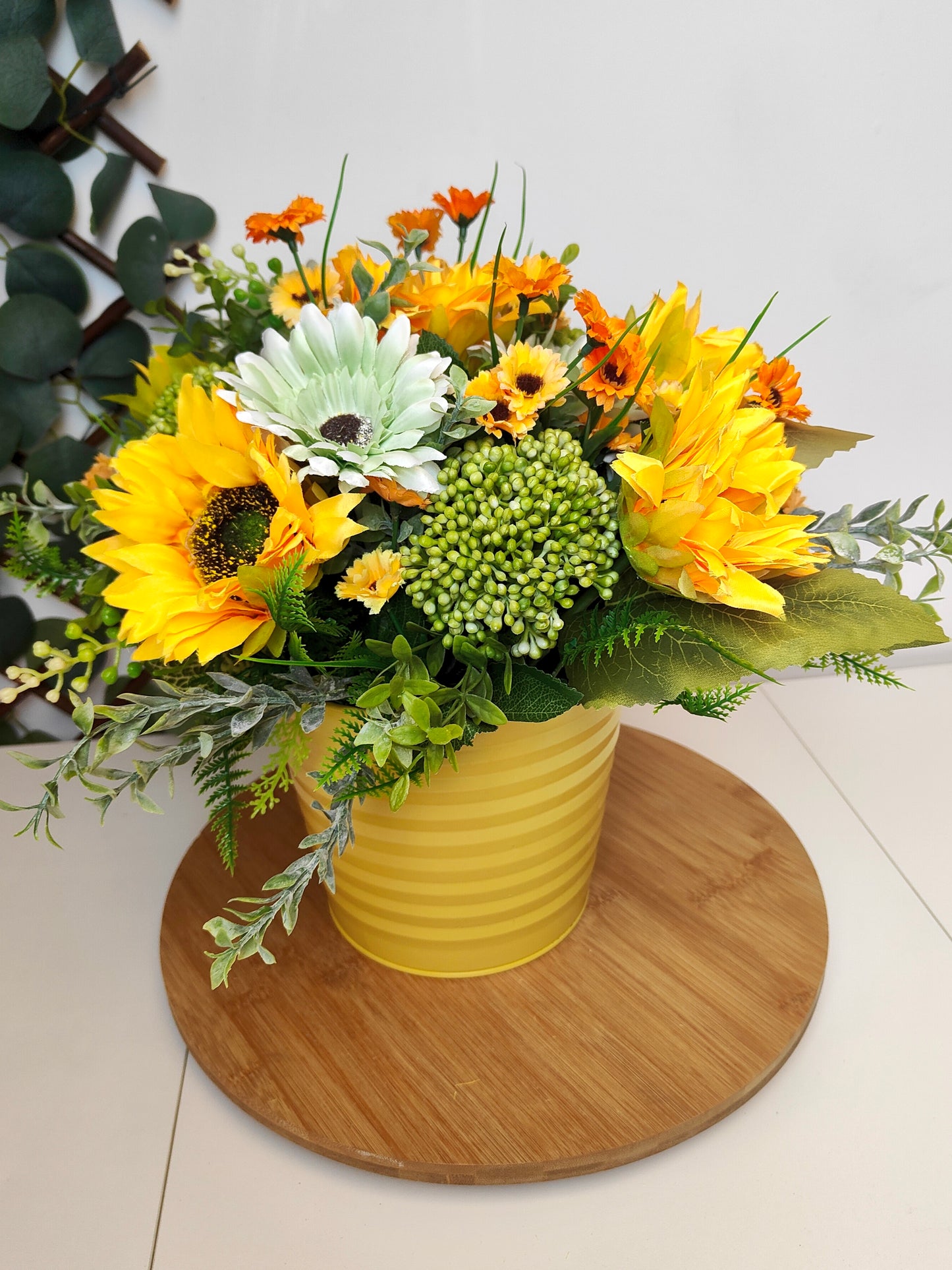 Yellow Sunflower Gerbera Artificial Flower Arrangement in Yellow Planter