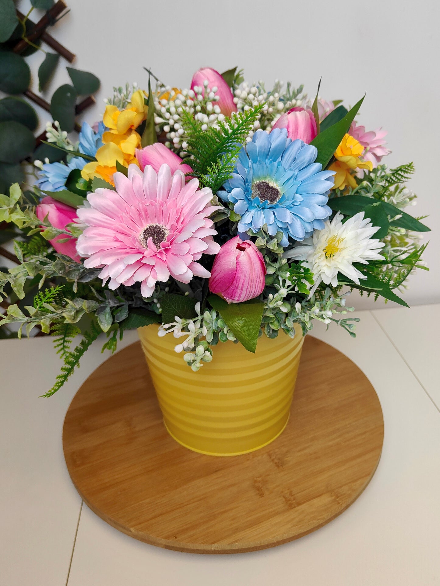 Spring Tulip Daffodil Gerbera Artificial Flower Arrangement in Yellow Planter