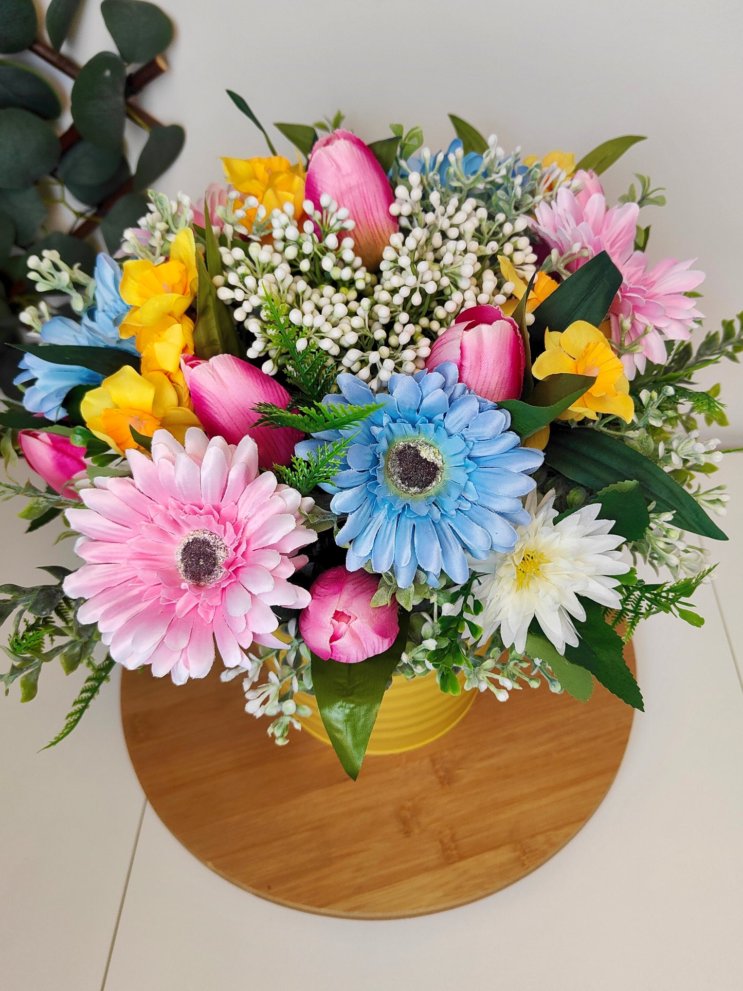 Spring Tulip Daffodil Gerbera Artificial Flower Arrangement in Yellow Planter
