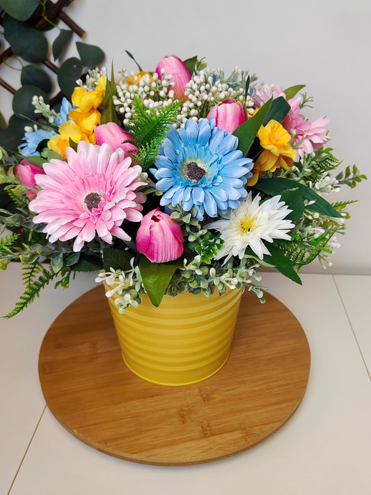 Spring Tulip Daffodil Gerbera Artificial Flower Arrangement in Yellow Planter