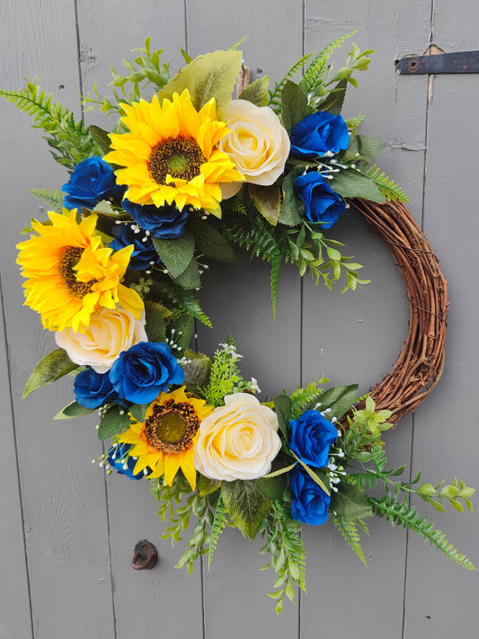Blue Roses & Yellow Sunflower Faux Flower Grapevine Wreath
