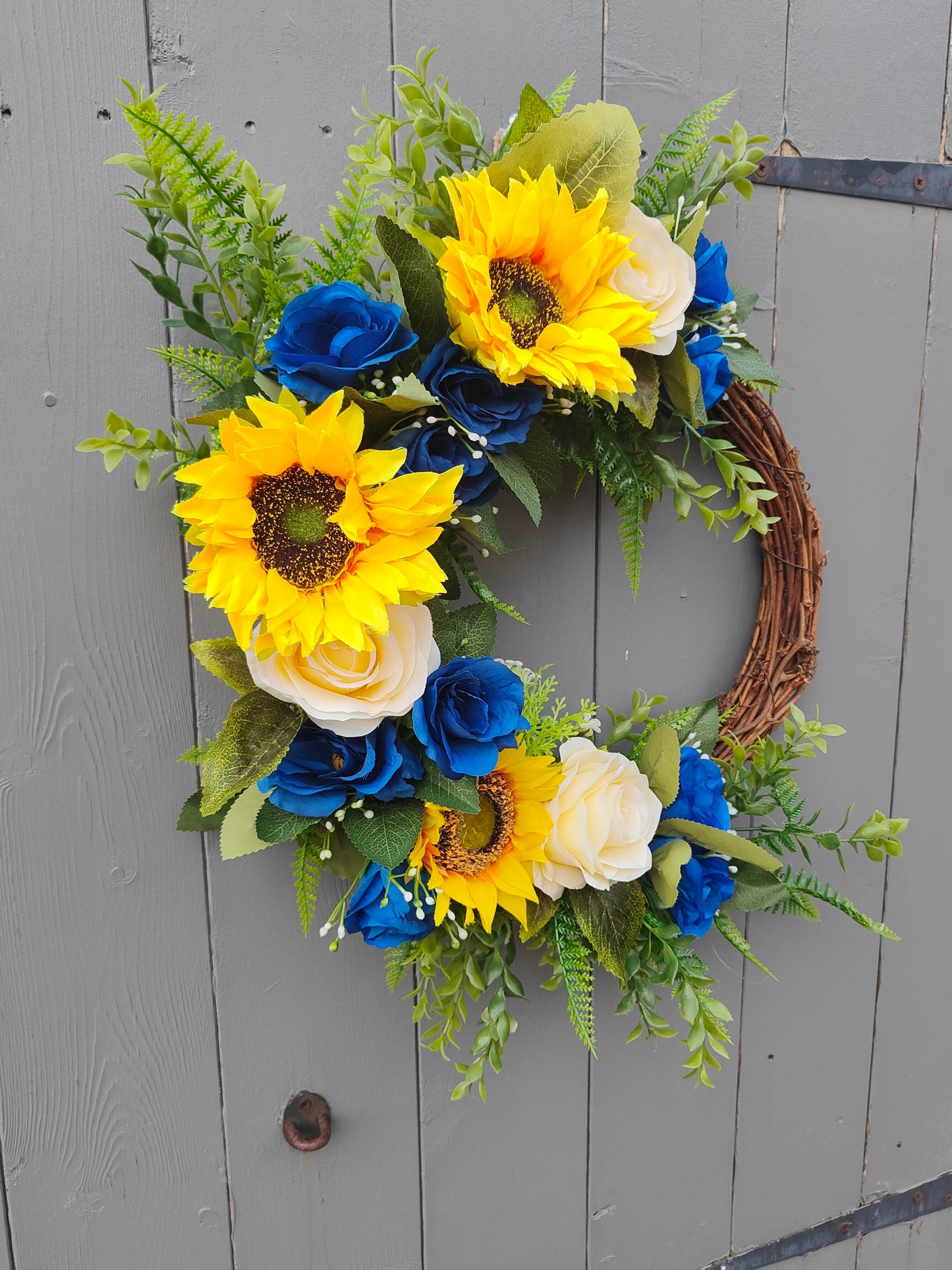 Blue Roses & Yellow Sunflower Faux Flower Grapevine Wreath