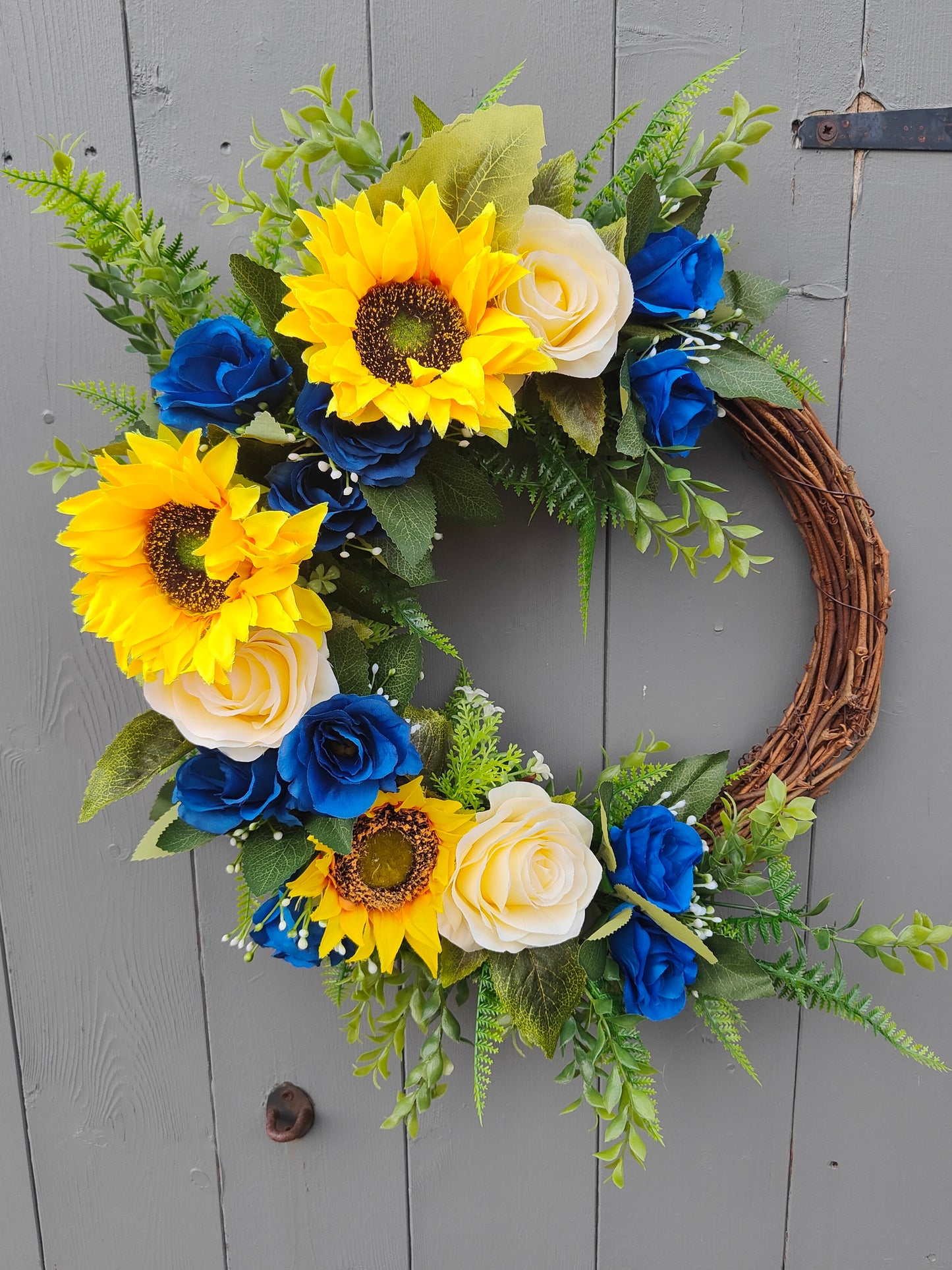Blue Roses & Yellow Sunflower Faux Flower Grapevine Wreath
