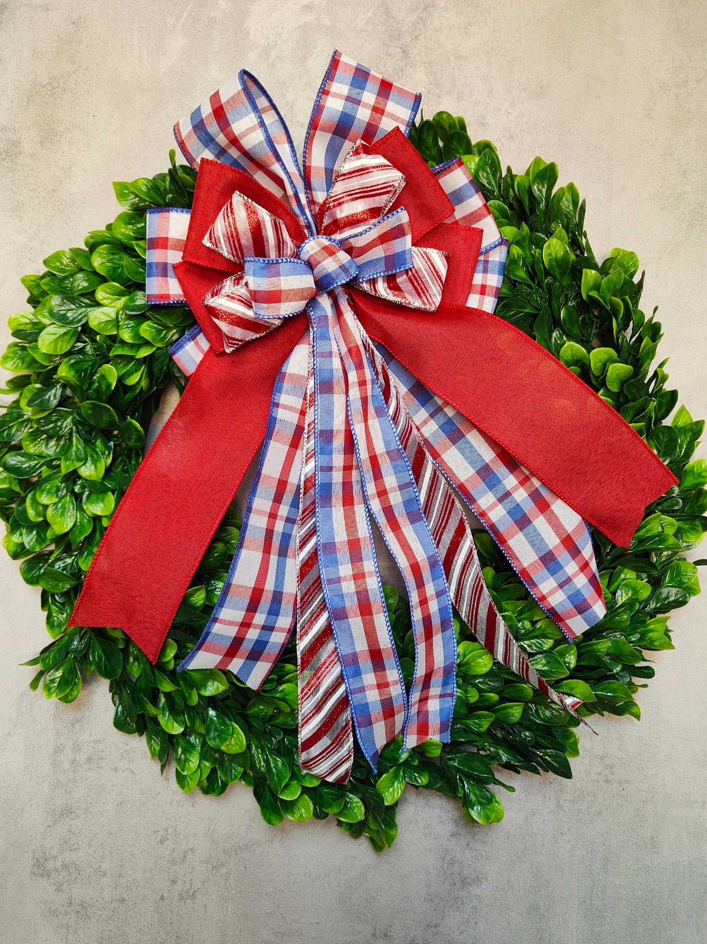 Red White & Blue Tartan Patriotic Wreath Bow for Front Door