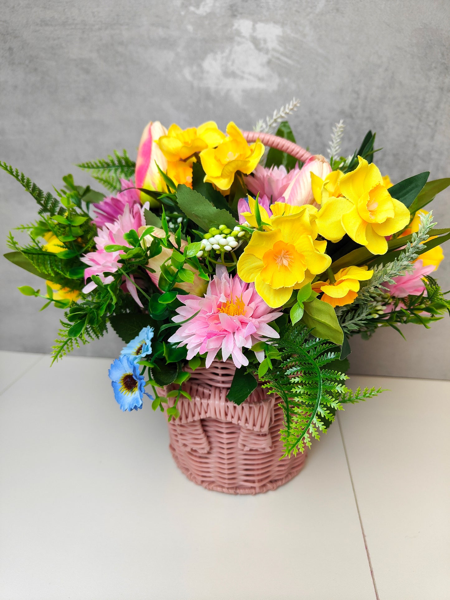 Spring Tulip & Daffodil Faux Flower Basket