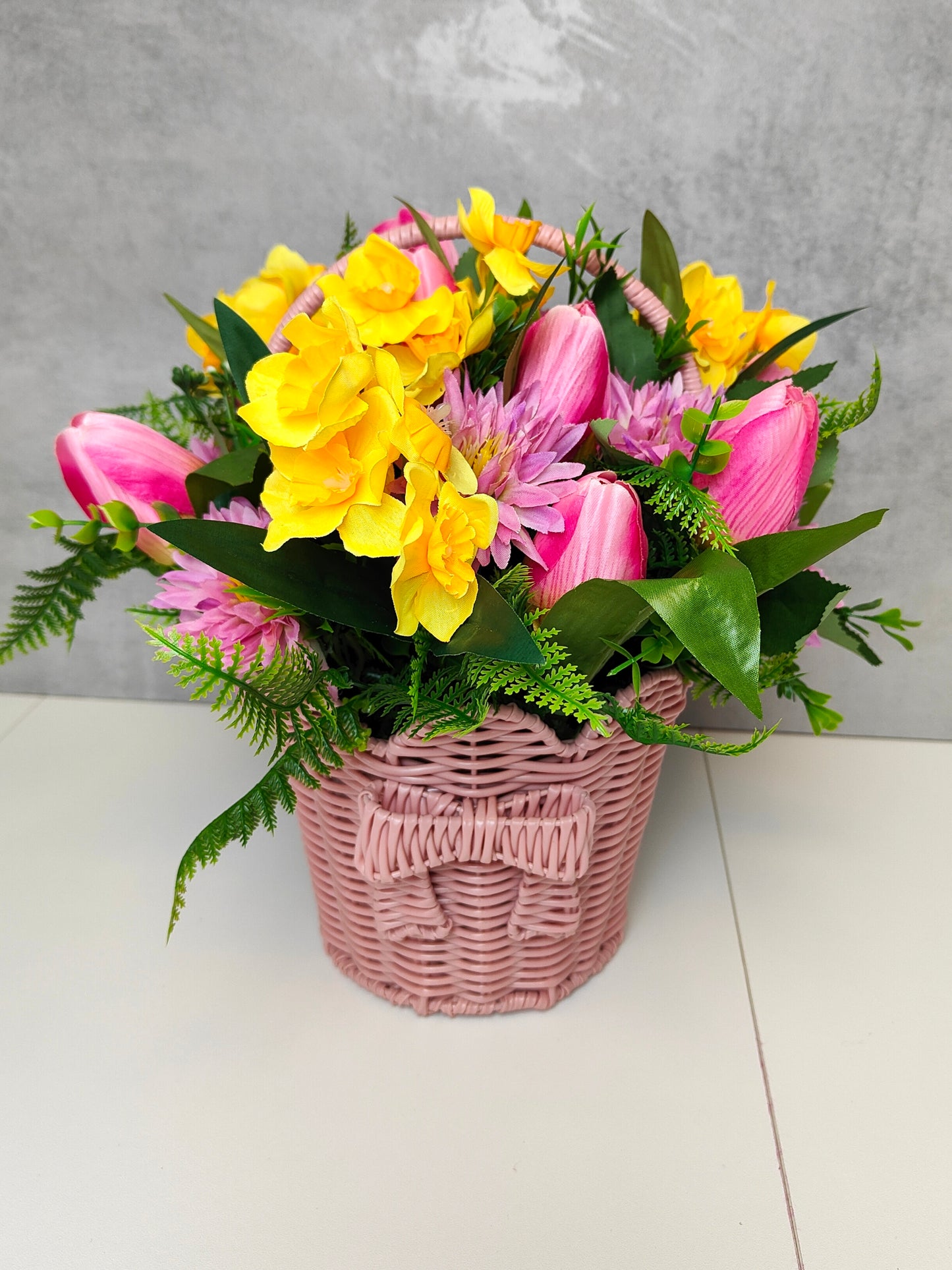 Pink Spring Tulip & Daffodil Faux Flower Basket