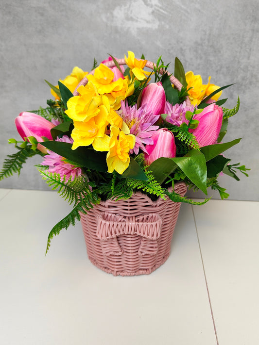 Pink Spring Tulip & Daffodil Faux Flower Basket