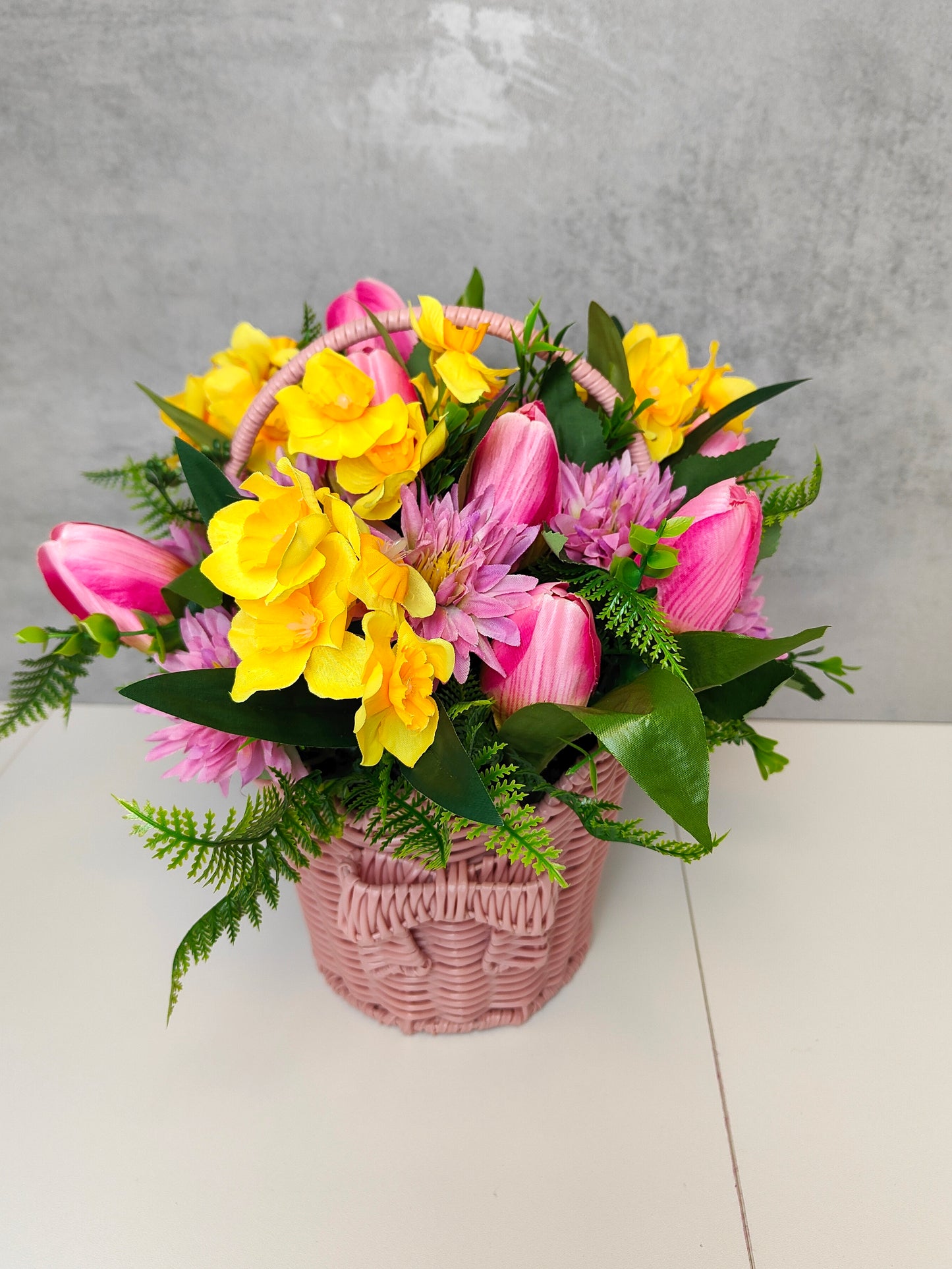 Pink Spring Tulip & Daffodil Faux Flower Basket