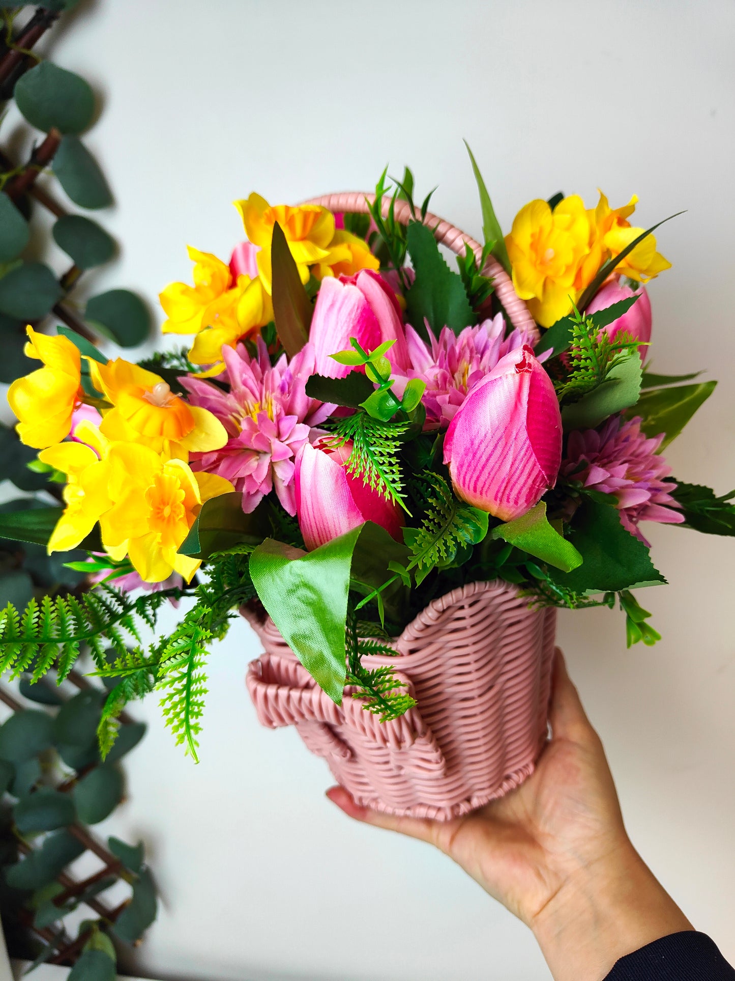 Pink Spring Tulip & Daffodil Faux Flower Basket