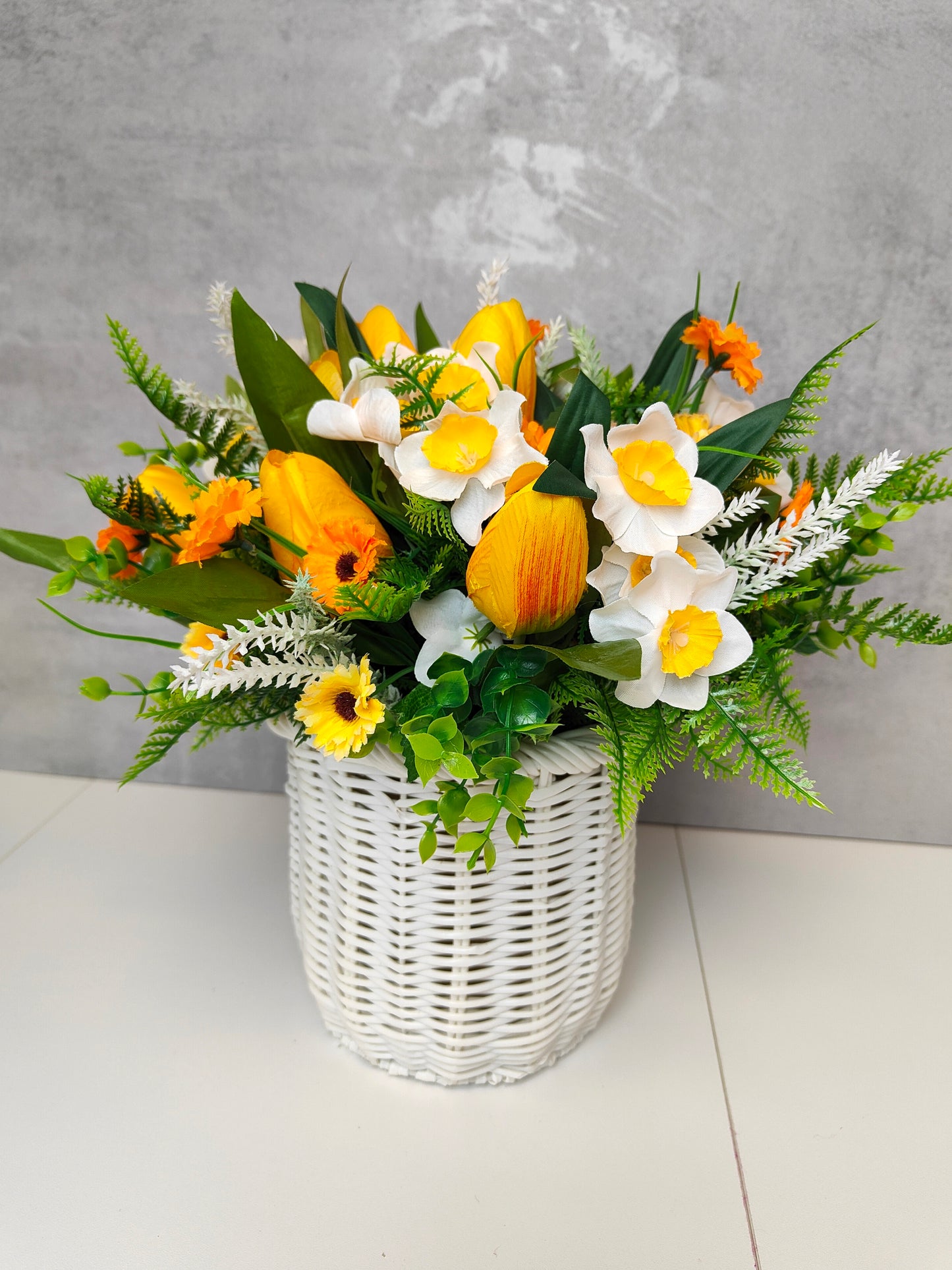 White Yellow Daffodil Faux Flower Basket