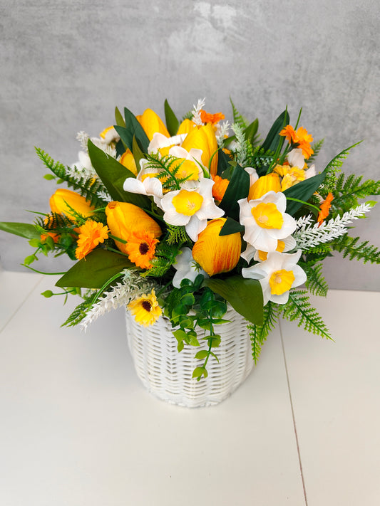 White Yellow Daffodil Faux Flower Basket