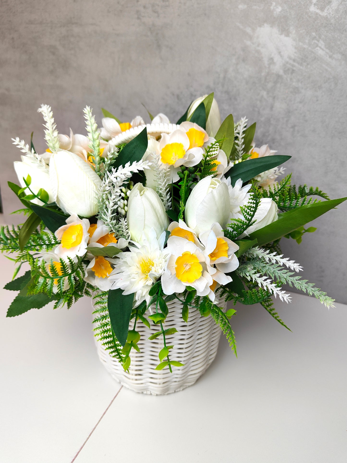 White Daffodil Faux Flower Basket