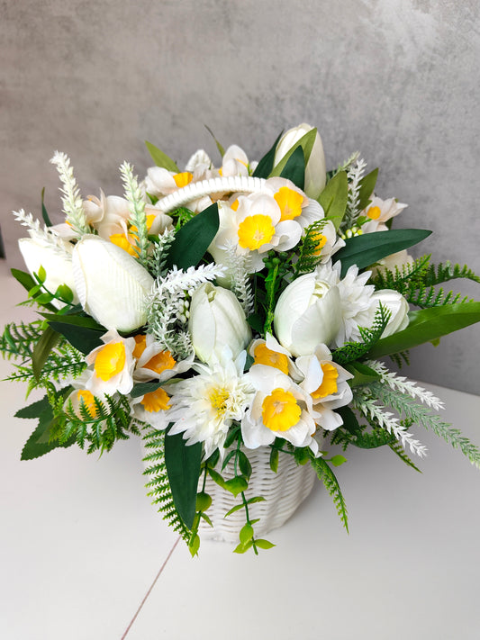 White Daffodil Faux Flower Basket