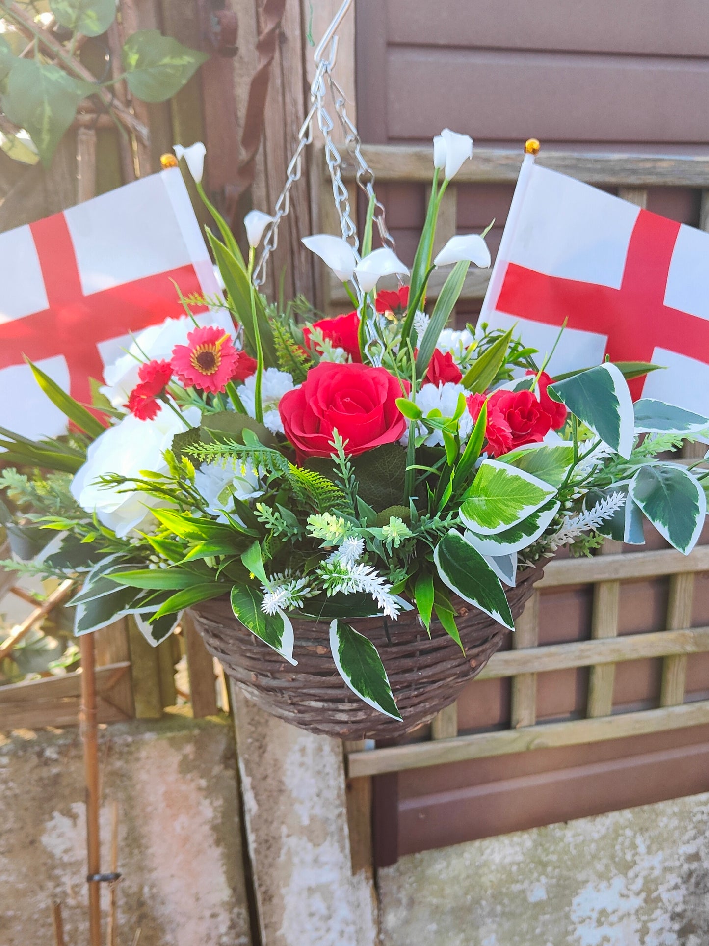 World Cup Red & White St George Flag Artificial Flower Hanging Basket 10 inch