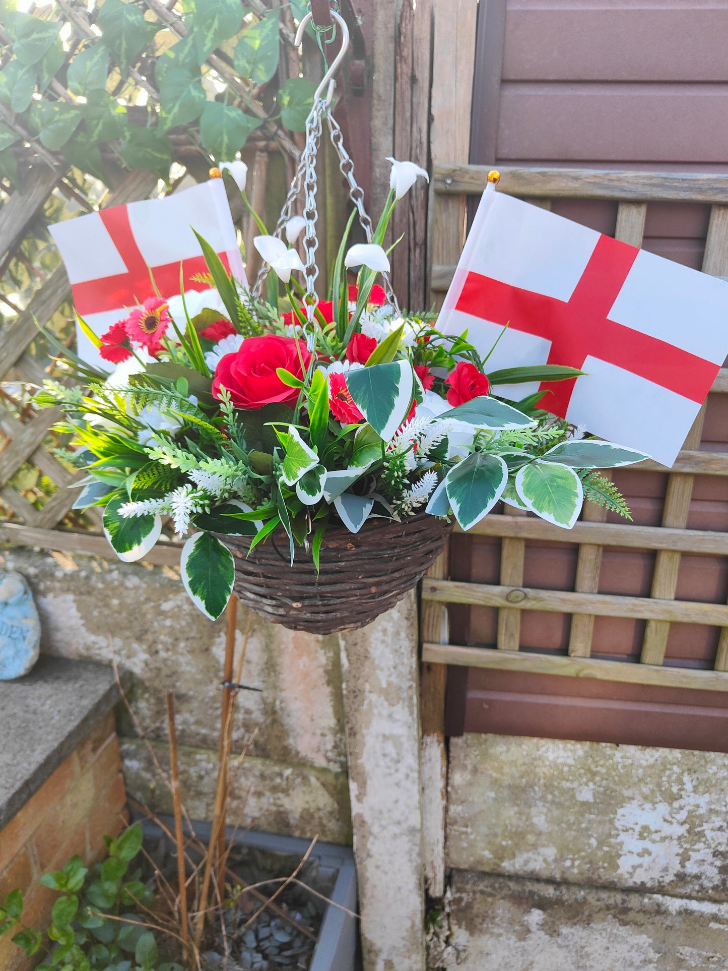 World Cup Red & White St George Flag Artificial Flower Hanging Basket 10 inch