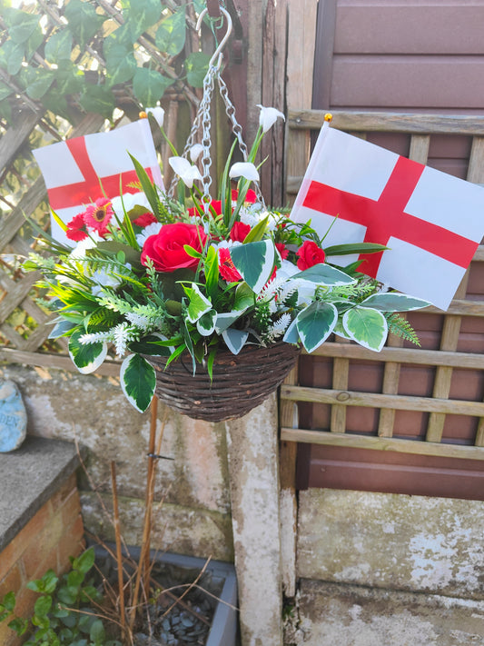 World Cup Red & White St George Flag Artificial Flower Hanging Basket 10 inch